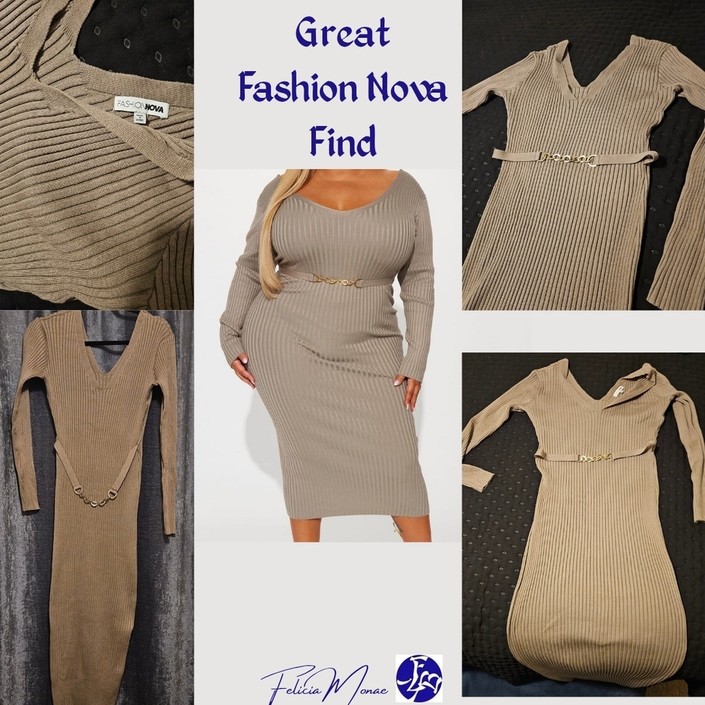 Chic Fashion Nova Ribbed V-Neck Midi Dress with Gold Chain Belt